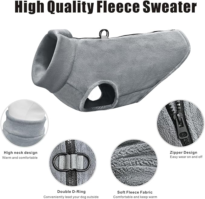 Idepet Dog Fleece Vest Sweater Zip Up Warm Pullover Dogs Jacket with D-Ring Leash Winter Cold Weater Coat Pet Sweatershirt Clothes Hoodie for Small Medium Dogs Boy Girl (Gray, M)
