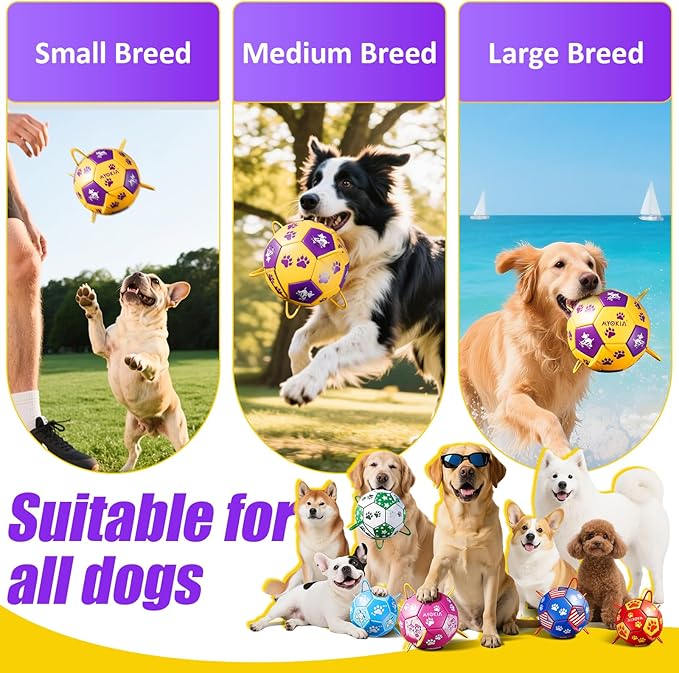 Size 2 Dog Soccer Ball with Straps Durable Training Ball for Pets Interactive Outdoor Dog Toy,Yellow & Purple, Paw and Puppy Design, for Small & Medium Puppie