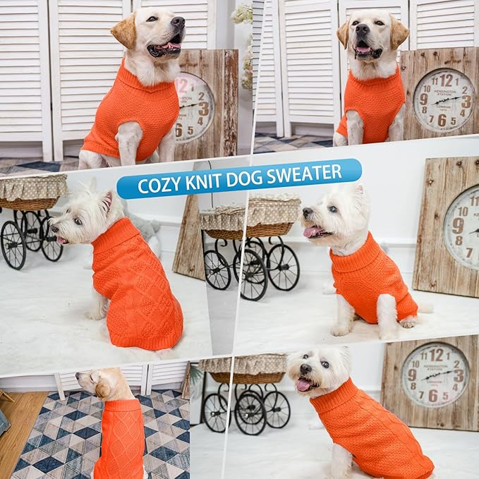 Mihachi Turtleneck Dog Sweater - Winter Coat Apparel Classic Cable Knit Clothes with Leash Hole for Cold Weather, Ideal Gift for Pet in New Year Orange Medium