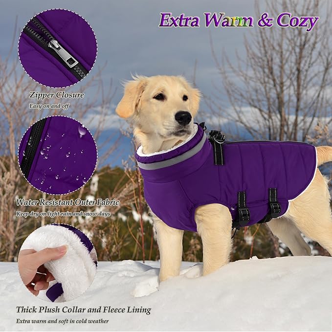 Dogcheer Dog Coat with Harness, Waterproof Dog Jacket Adjustable Pet Winter Coat with Zipper, Christmas Puppy Snow Jacket Fleece Sweater for Small Medium Large Dogs - Purple S