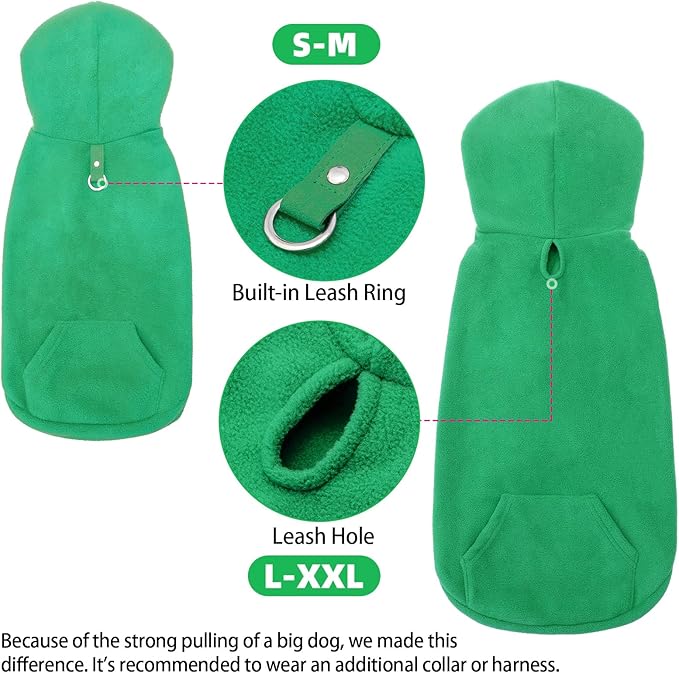 EXPAWLORER Dog Hoodie Fleece Sweater Vest, Hooded Dog Sweatshirt Fall Winter Pet Clothes with Leash Ring, Sleeveless Warm Cozy Puppy Clothing for Cat Small Medium Large Dogs Girl Boy, Green S