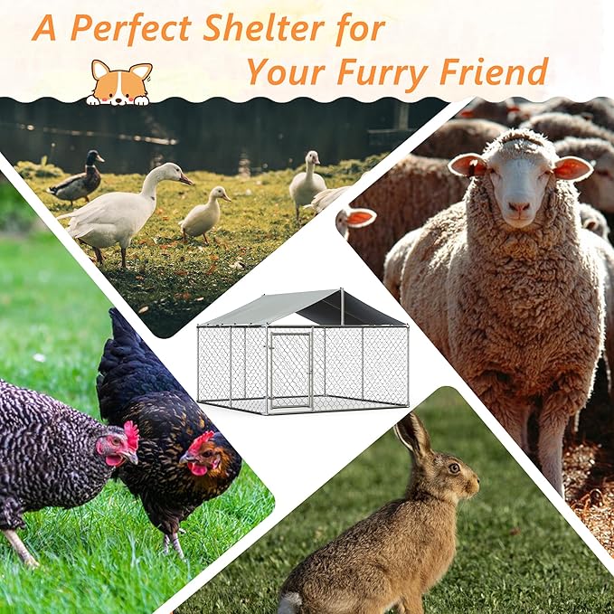 Outdoor Dog Enclosure Heavy Duty Dog Kennel House Mesh Outside Galvanized Chain Link Dog Run with Roof,Dog Cage Large Dogs Dog Pen Pet Kennel W/Waterproof Anti-UV Cover&Secure Lock for Large Dog