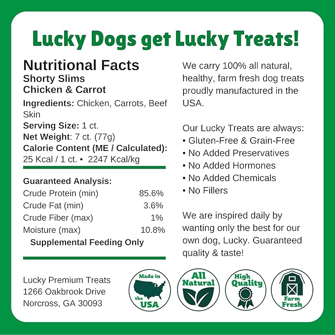 Lucky Premium Treats Lucky Shorty Slims - Carrot and Chicken Jerky Dog Treats, Crunchy Dog Chew Sticks with Real Chicken and Carrot for Small to Large Dogs (7 Count)