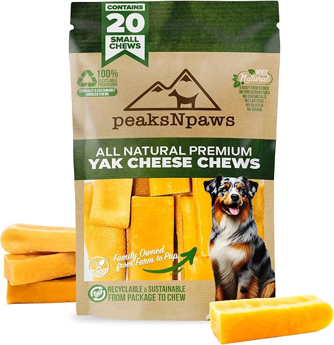 peaksNpaws Himalayan Yak Chews, High Protein Cheese Sticks, Lactose Free, Natural, Long Lasting Dog Treat for Aggressive Chewers Under 15 lbs, 20 Small Treat Sticks, 100% Eco-Friendly Packaging
