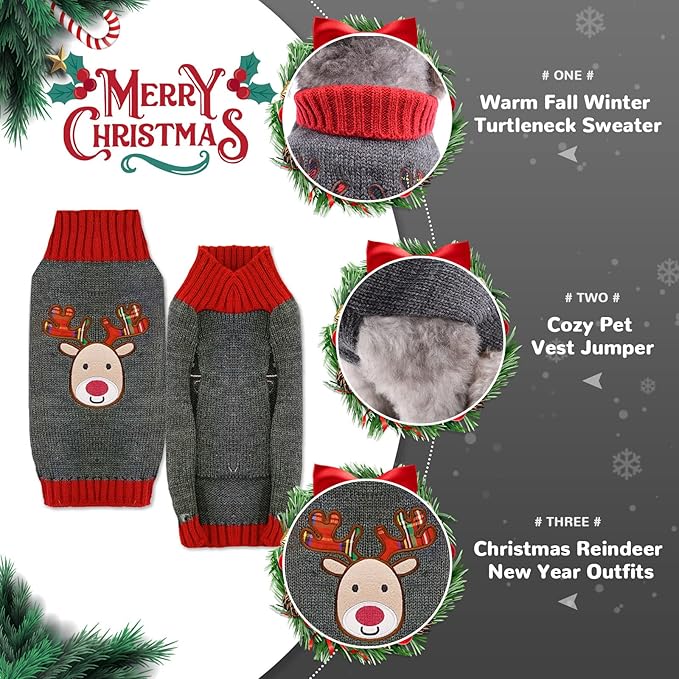 PETCARE Reindeer Christmas Dog Sweater Gray Cat Sweater Vest Cartoon Elk Pet Holiday Dog Clothes Puppy Sweaters for Small Medium Large Dogs Cats Fall Winter Outfits Xmas Dogs Costume,XX-Large