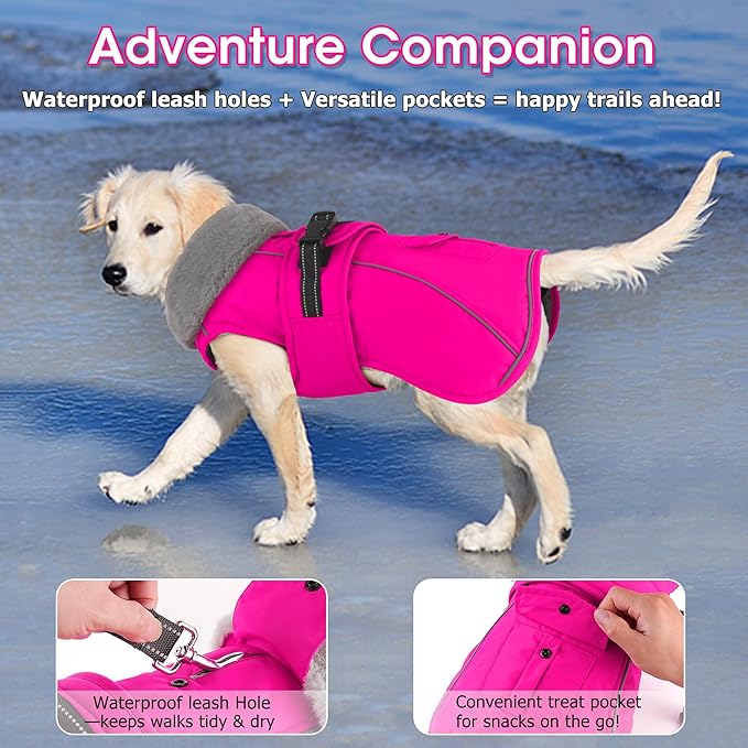 Dogcheer Dog Coat with Pocket, Waterproof Dog Jacket with Adjustable Buckle, Reflective Puppy Winter Coat Warm Turtleneck Fleece SnowJacket for Small Medium Large Dogs - Pink 2XL