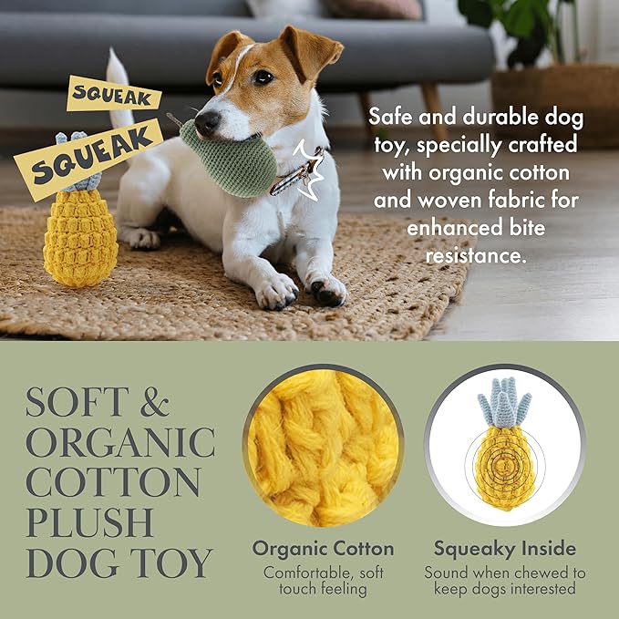 Nina Woof Organic Cotton Squeaky Dog Toys Fruits & Veggies Dog Toy Pack - Handmade Knit Dog Accessories, for Small Medium Dogs, Puppy Essentials and Puppy Toys Perfect Dog Gift