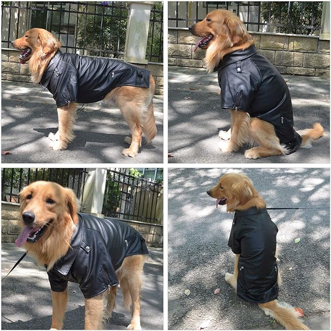 Lovelonglong Cool Dog Leather Jacket, Warm Coats Dogs Windproof Cold Weather Coats for Large Medium Small Dogs, Husky Clothing Black L-M