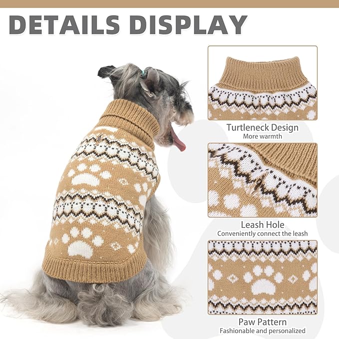 KOOLTAIL Cable Knit Dog Sweater Turtleneck, Cold Weather Pullover Classic Knitwear, Cute Paws Pattern Thick Warm Winter Pet Clothes, Dog Christmas Sweater for Small Medium Large Dogs Cats,Khaki ML