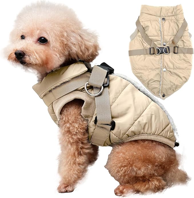 Dog Jacket with Harness,Fleece Lined Warm Puppy Coat for Winter,Soft Windproof Small Dog Vest,Khaki M