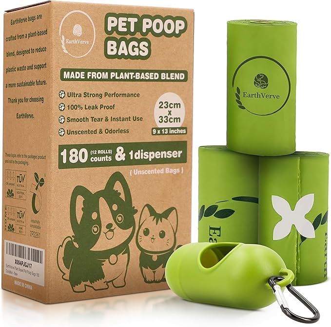 Dog & Cat Compostable Poop Bags (180 Counts w/Dispenser) - Plant Based, Enhanced Leak-Resistant, Odor-Resistant & Durable – Unscented,Sustainable Cleanup Solution –10% to Animal Rescue