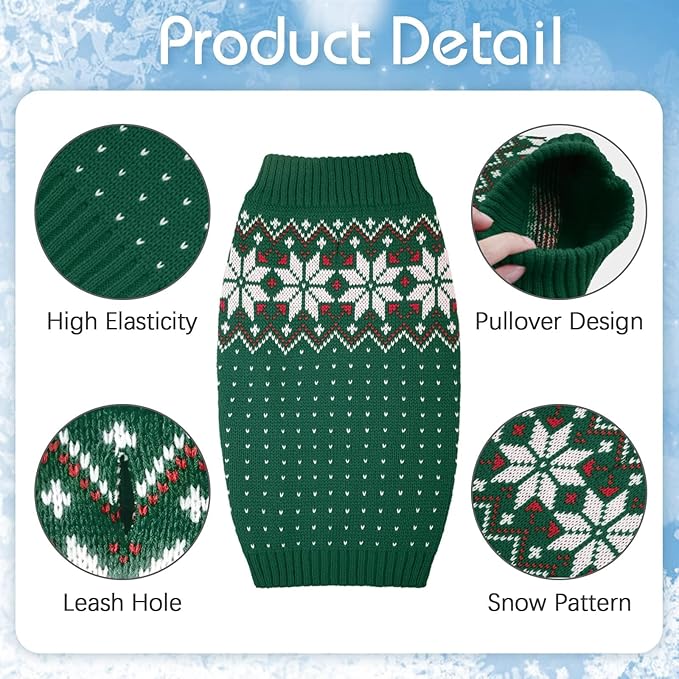 Kuoser Dog Sweater, Holiday Christmas Snowflake Pet Warm Knitwear Dog Sweaters Soft Puppy Clothing, Doggie Turtleneck Cold Weather Outfit Pullover for Small Medium Large Dogs Cats, Green XS