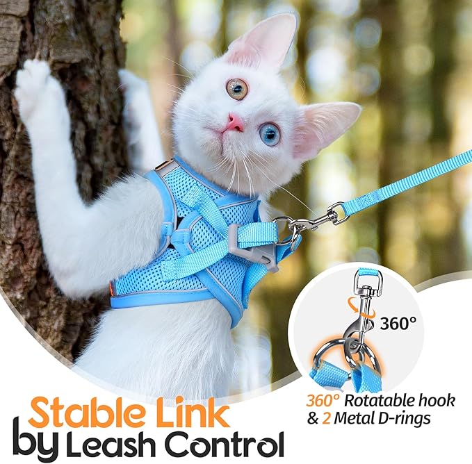 Dooradar Cat Harness and Leash Set, Escape Proof Lightweight Kitten Harness, Soft Breathable Reflective Vest for Outdoor Walking Traveling, Adjustable for Medium Cats, Orange & Blue, M