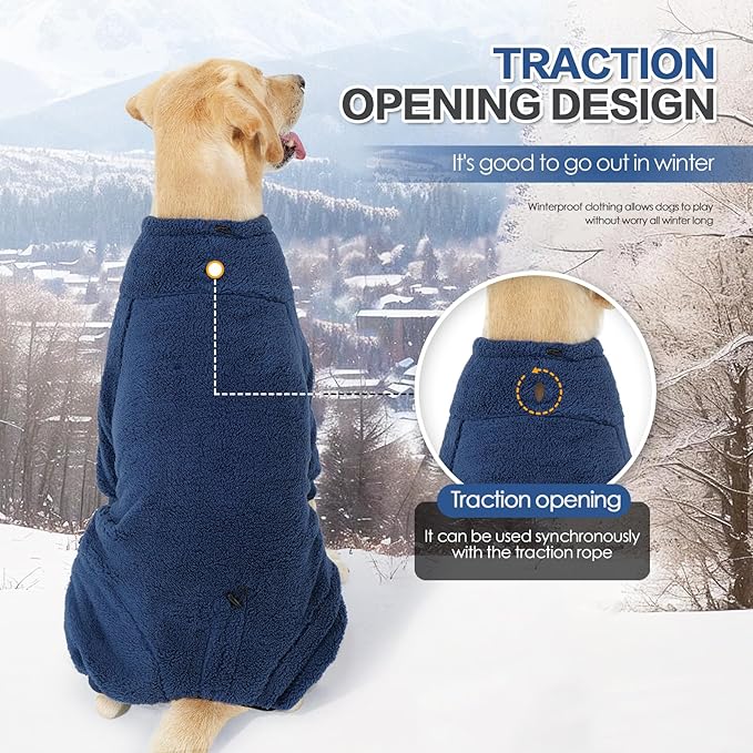 Dog Winter Coat, Warm Fleece Dog Jacket, Windproof Pullover Jumpsuit, Full Body Pajamas Onesie, Cold Weather Clothes for Medium Large Dog(Large,NavyBlue)