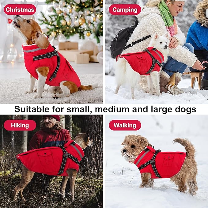 Dogcheer Dog Coat with Harness, Waterproof Warm Dog Winter Jacket with Pockets, Reflective Pet Fleece Jacket Turtleneck Snowsuit for Small Medium Large Dogs - Red, L