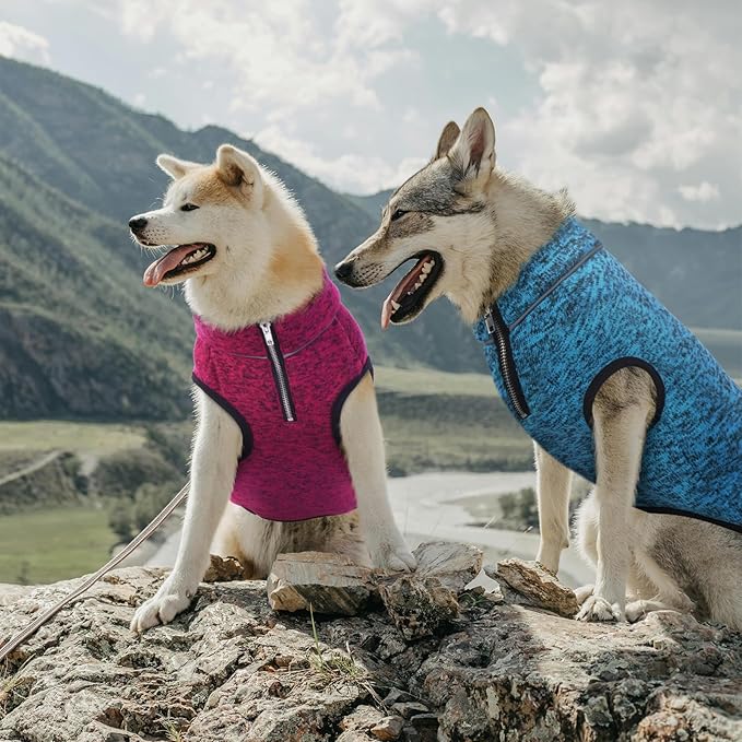ROZKITCH Dog Sweater, Knit Dog Jacket with Fleece Lining, Dog Coats for Small Dogs with Zipper Opening for Harness, Fleece Dog Jacket Adjustable Neck Reflective Pet Jacket Rosered L
