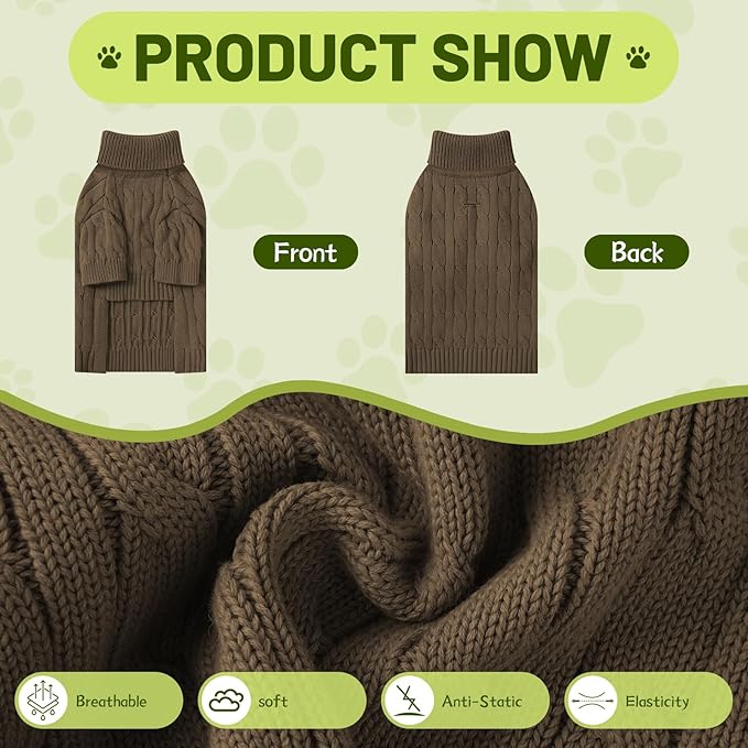 Small Dog Thermal Pullover Sweater, Classic Turtleneck Cable Knitwear Dog Clothes for Cold Weather Warm Pet Clothes for Chihuahua, Bulldog, Dachshund, Pug Tan XX-Large