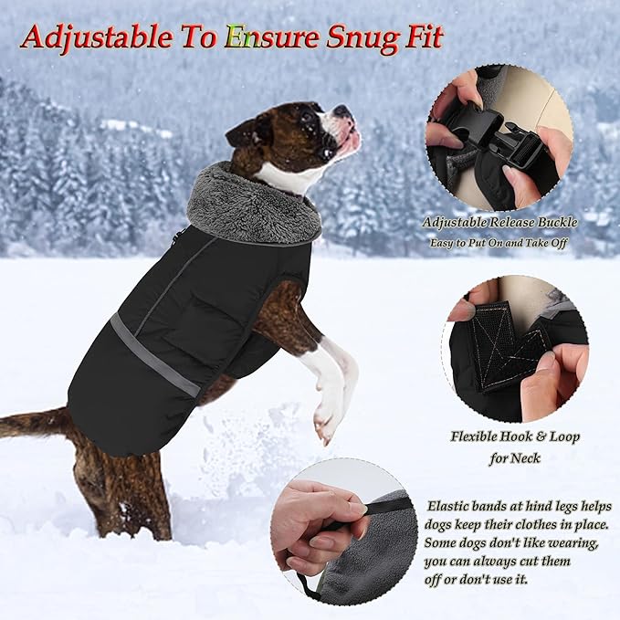 Dogcheer Warm Dog Coat, Waterproof Dog Jacket Christmas Puppy Winter Coat with Buckle, Reflective Adjustable Pet Snow Jacket Turtleneck Fleece Sweater for Small Medium Large Dogs - Black, 3XL