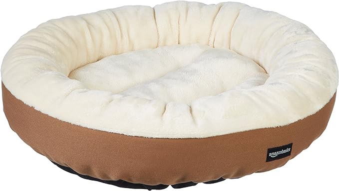 Amazon Basics Round Bolster Pet Bed for Dog or Cat with Flannel Top, 20.0" L x 20.0" W x 8.0" Th, Brown and Ivory