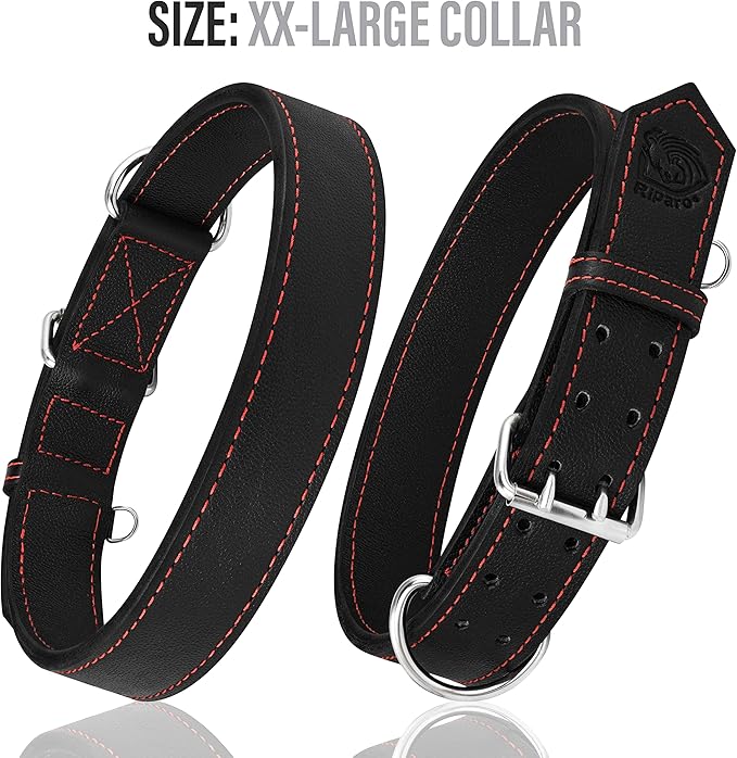 Riparo Dog Collar - Genuine Leather Dog Collars - Heavy Duty Dog Collars for Medium Large and Extra Large Dog Breeds (XL: 1.5” Wide for 22” - 26” Neck, Black/Red Thread)