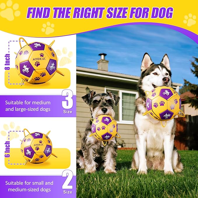 Size 3 Dog Soccer Ball with Straps Durable Training Ball for Pets Interactive Outdoor Dog Toy,Yellow & Purple, Paw and Puppy Design, for Medium & Large Puppie