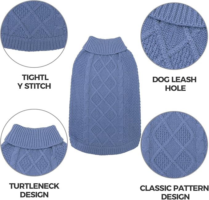 Mihachi Turtleneck Dog Sweater - Winter Coat Apparel Classic Cable Knit Clothes with Leash Hole for Cold Weather, Ideal Gift for Pet in New Year Grayish Blue ML