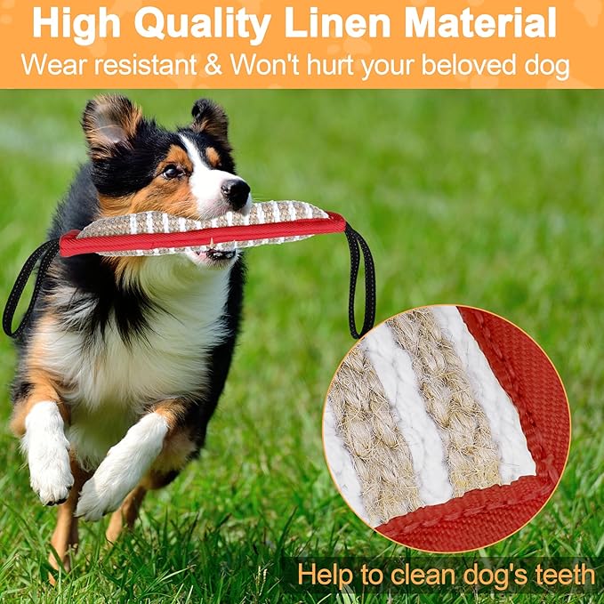ToLanbbt Dog Tug Toy Bite Jute Pillow Pull Toy with 2 Strong Handles Perfect for Tug of War, Puppy Interactive Play, Tear Resistant Bite Training for Small Medium Large Dogs (Red-Line)
