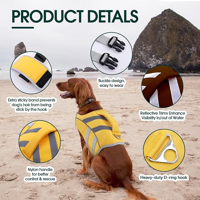 Kuer Dog Life Jacket with Reflective Stripes, Adjustable Visibility Dog Vest Ripstop Lifesaver Pet Life Preserver for Sizes XS-XL