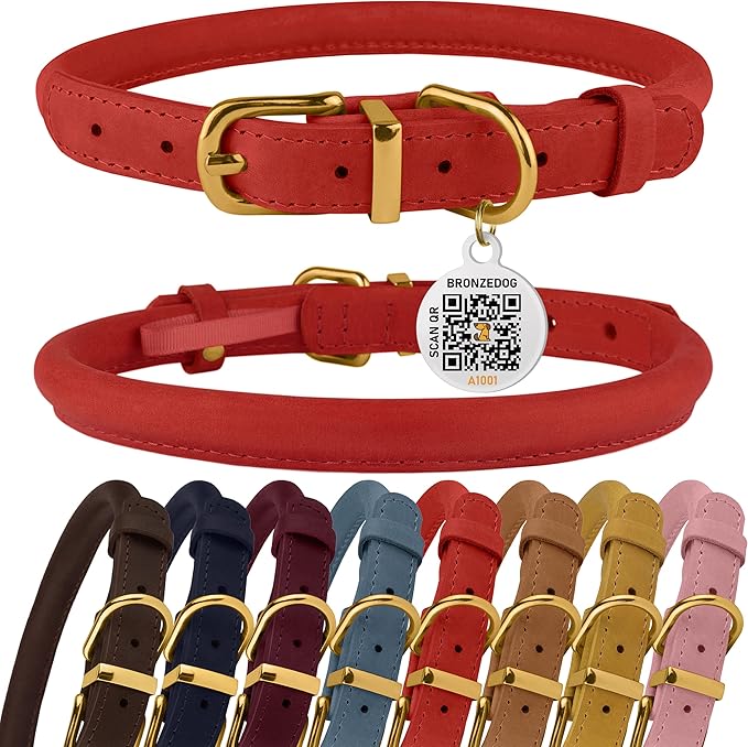 BronzeDog Rolled Leather Dog Collar with QR ID Tag, Adjustable Soft Round Collars for Small Medium Large Dogs Puppy (14" - 16" Neck Size, Classic Red)