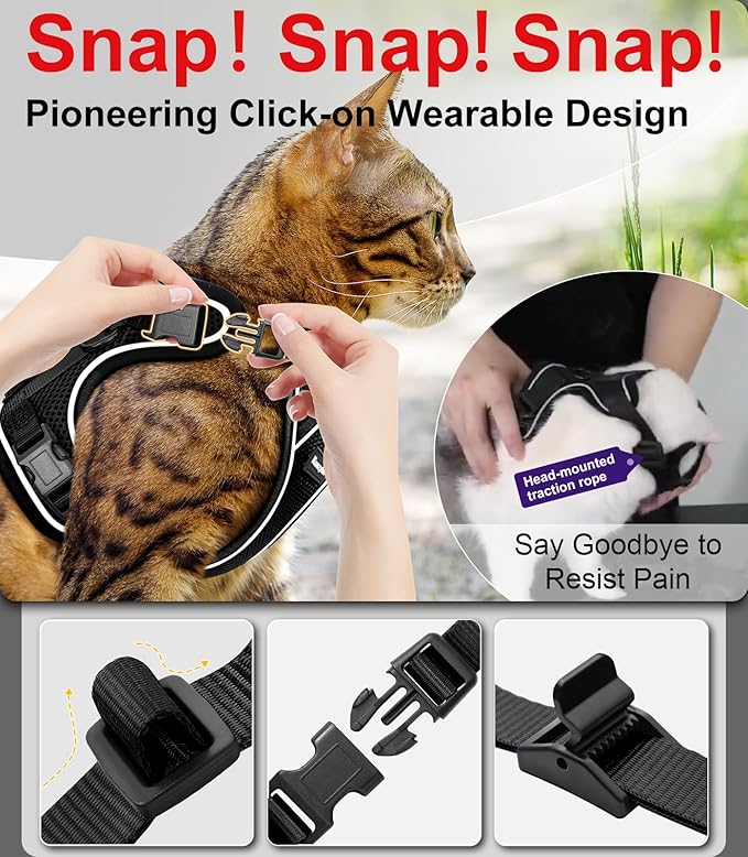 Cat Harness and Leash for Walking Escape Proof Soft Adjustable Cat Leash Breathable Comfortable Vest Easy to Wear Kitten Harness for Outdoor Travel Black S