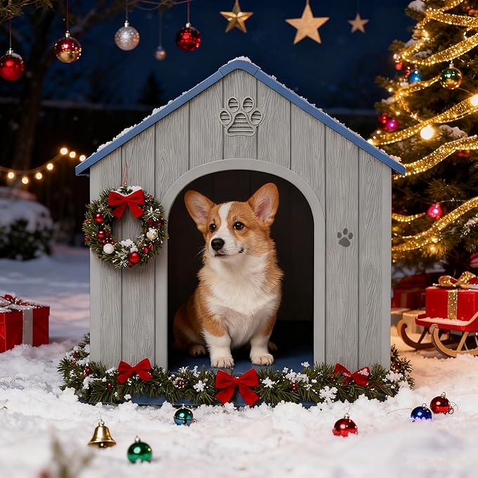 Dog House Outdoor Indoor, Plastic Small Dog House-Weatherproof & Insulated Design with Air Vents & Elevated Floor for Small to Medium Dogs, Easy Clean and Assemble (Blue)