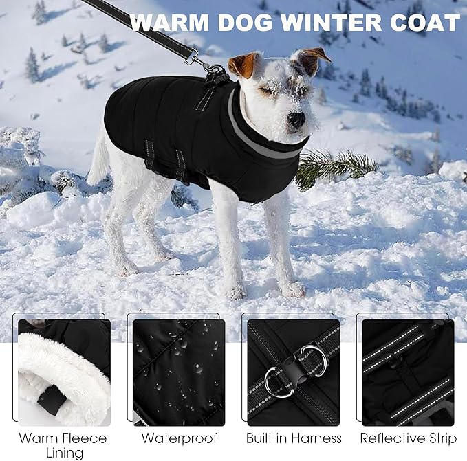 Medium Dog Coat with Harness Built-in, Waterproof Reflective Fleece Lined - Warm Windproof Winter Jacket with Back Zipper, Cold Weather Snow Dog Coats - Black - M