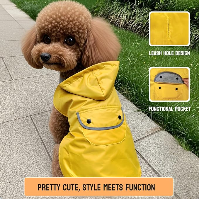 Dog Raincoat Dogs Rain Jacket Reflective Poncho Rainwear Waterproof Pet Clothes Warm Lined Pocket Hooded Leash Hole Adjustable Medium Dogs,Yellow,XXXL,Back Length 20.0 Inch