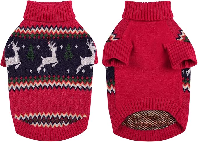Queenmore Christmas Dog Sweater - Knitted Pullover Turtleneck Outfit, Warm Clothes for Small Dogs Boys or Girls L