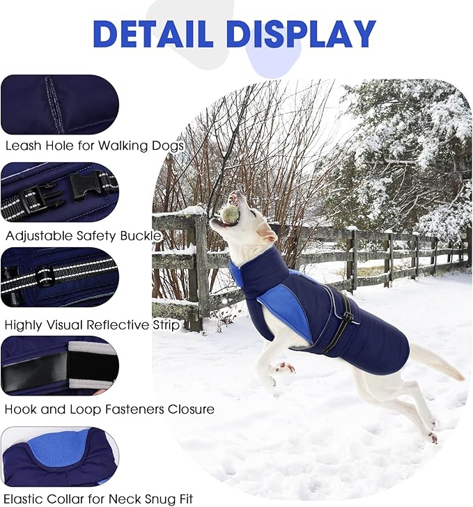 Nanaki Dog Coat Jacket for Large Dogs Winter Waterproof, Warm Fleece Lining Furry Collar Large Dog Jacket with Leash Hole, Reflective Cold Weather Pet Jacket Outdoor Walking Hunting,Easy On Blue 3XL