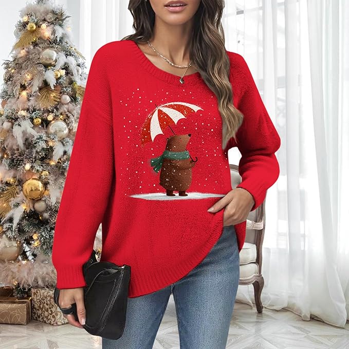 Women's Red Christmas Sweater - Festive Cartoon Patterns, Cozy Knit for Holiday Parties & Gatherings