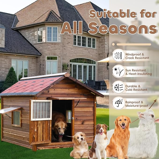 Large Pine Wood Dog House Outdoor with Removable Elevated Floor,Lockable Door,Adjust Windows,Easy to Clean,Safe Dog Kennel Outdoor for Large Breed