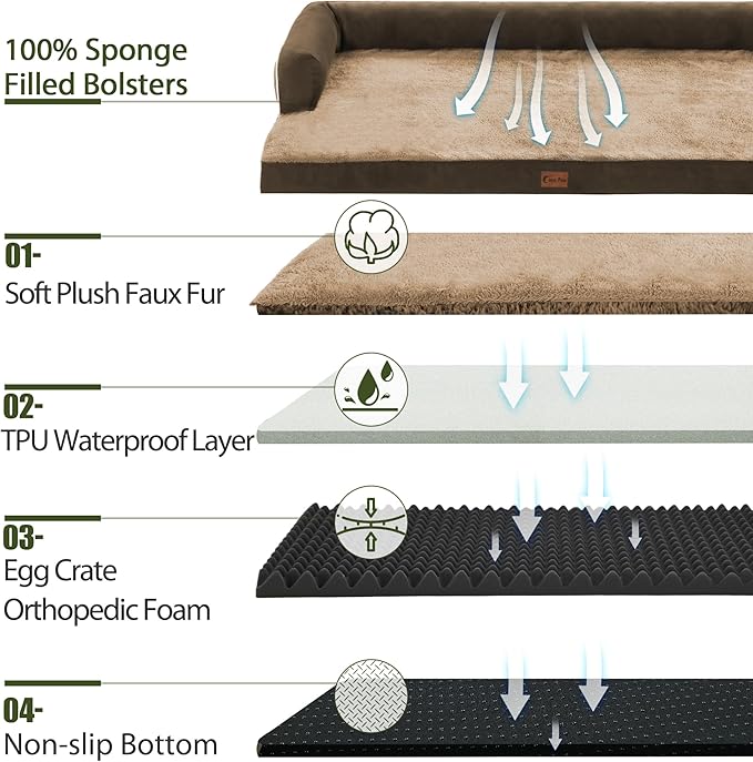 Orthopedic Dog Beds for Large Sized Dogs, Waterproof Egg Crate Foam Large Dog Couch Beds with Comfy Bolster 36x27Inch, Washable Pet Beds with Removable Cover and Nonskid Bottom, Brown