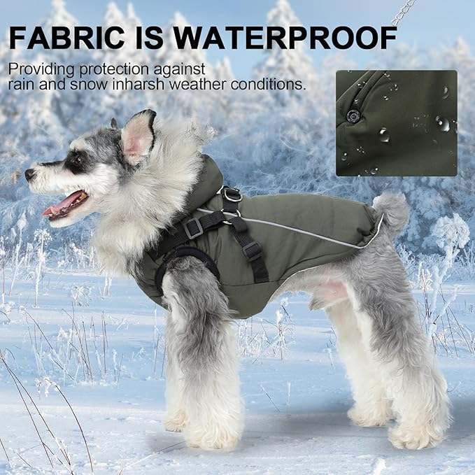 PINA Dog Winter Coat Winter Jacket with Waterproof Fabric, Faux Fur Hood, Reflective Strap for Small Medium Large Dogs, Green, 3XL