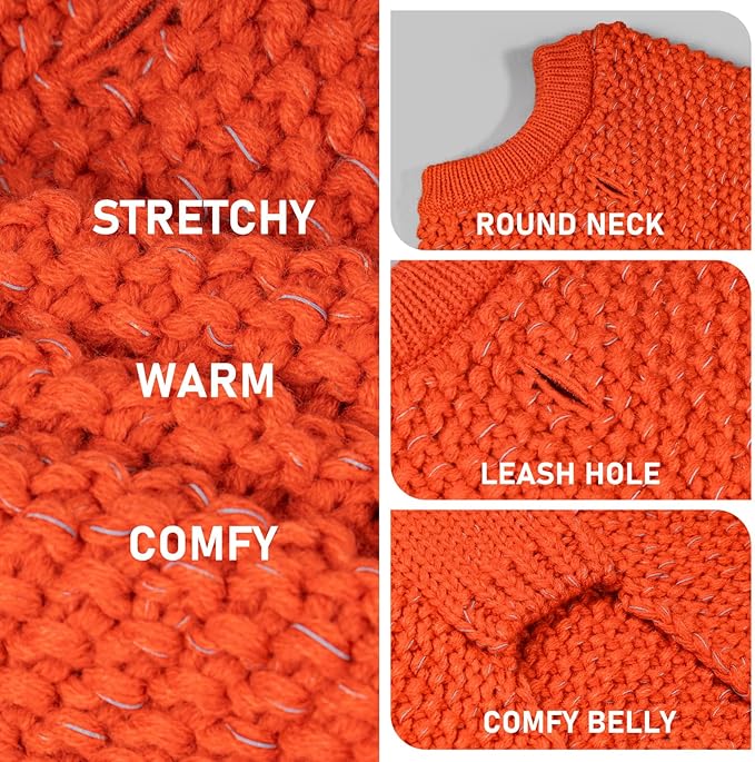KYEESE Dog Sweater with Leash Hole Warm Pullover with Reflective Yarn for Small and Medium Dogs Male Soft Knit Pullover Boy Dog Coats Cozy Lightweight Thick Sweater,Orange,Medium