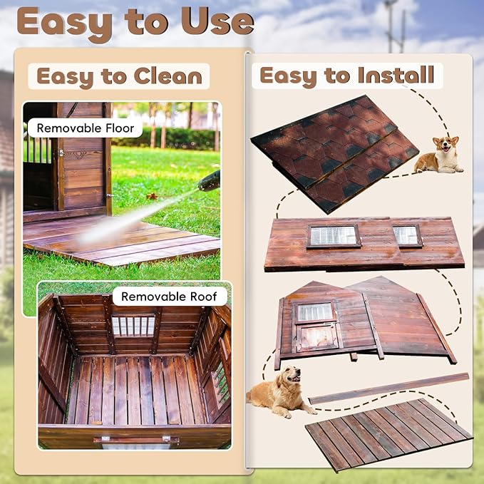 Large Pine Wood Dog House Outdoor with Removable Elevated Floor,Lockable Door,Adjust Windows,Easy to Clean,Safe Dog Kennel Outdoor for Large Breed