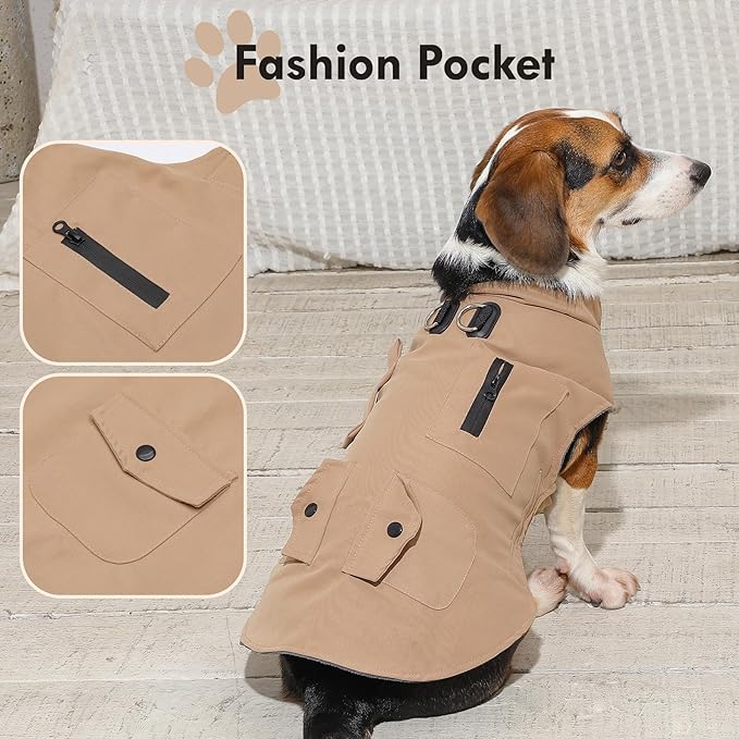 Workwear Style Dog Coats with Harness Built in for Small Dogs Windproof Warm Puppy Jacket with Storage Pockets for Cold Winter,LightBeige M