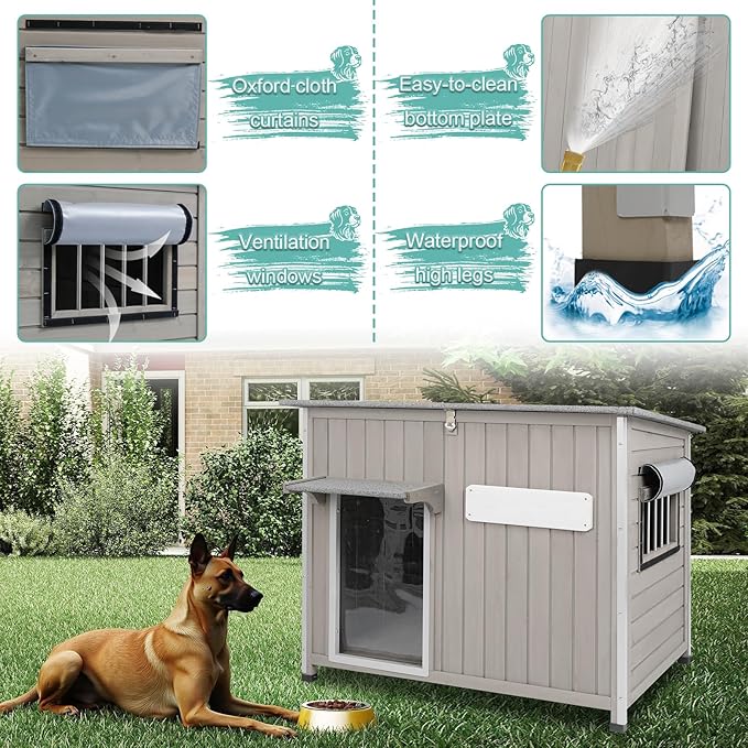 Large Outdoor Dog House Waterproof for Small to Large Dogs, Outdoor Indoor Doghouse Kennel Shelter Weatherproof with Anti-Chewing Iron Frame, Wndow, Open Roof, Removable Floors(43" L*29.5" W*33.5" H)