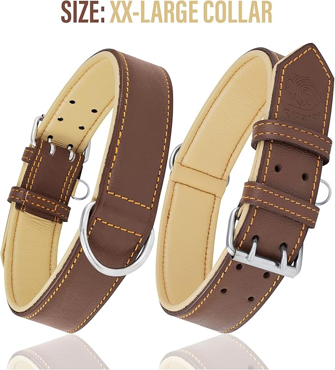 Riparo Adjustable Leather Dog Collar - Heavy Duty Wide Dog Collar for Small, Medium, Large and Extra Large Dogs with Dog Tag Holder (XXL: 2” Wide for 24”-29” Neck, Brown)