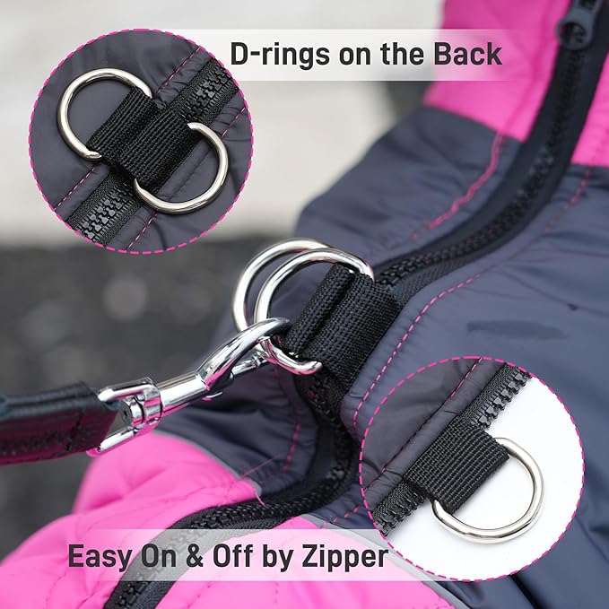 Warm Fleece Dog Coats for Medium Dogs,D-Rings Waterproof Puppy Jacket for Cold Winter,Pink XL