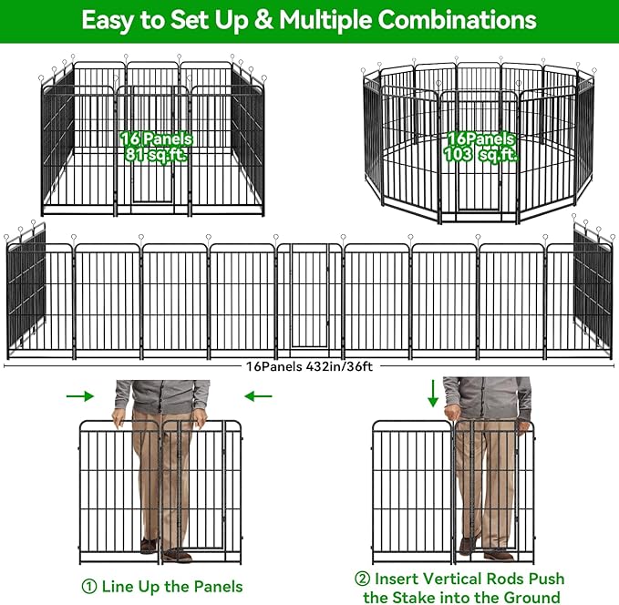 Square Steel Pipe Dog Fence Outdoor 16 Piece Panels 47" Height Anti-Rust Heavy Duty Dog Playpen with Doors Portable for Yard RV Camping, Total 36FT, 103 Sq.ft, Snowy Black