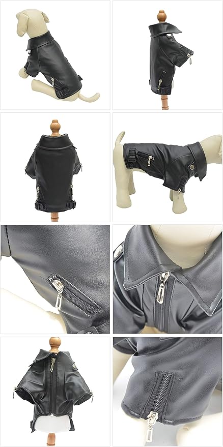 Lovelonglong Cool Dog Leather Jacket, Warm Coats Dogs Windproof Cold Weather Coats for Large Medium Small Dogs, Husky Clothing Black L-M