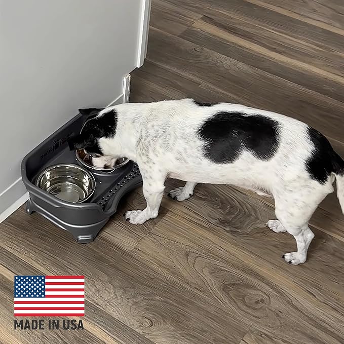 Neater Feeder Express Mess Proof Dog Bowls Elevated for Small Breed – Made in USA – No Spill Raised Slow Feeder Elevated Dog Bowl Stand, Stainless Steel Food and Water Bowl Set, Grey