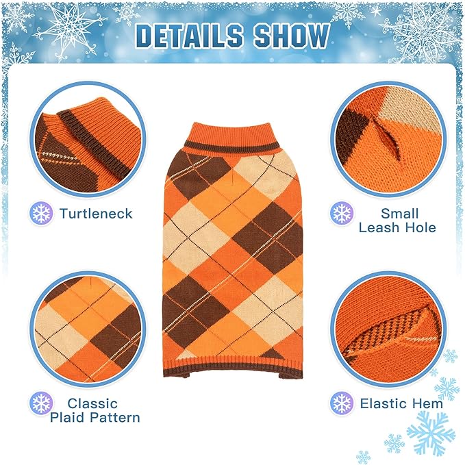 KOOLTAIL Fall Dog Sweater Pet Knitted Clothes - Thanksgiving Classic Plaid Pullover Turtleneck Dog Sweaters with Leash Hole, Thick Cold Weather Pet Outfits for Small Medium Large Dogs Cats Puppy, M