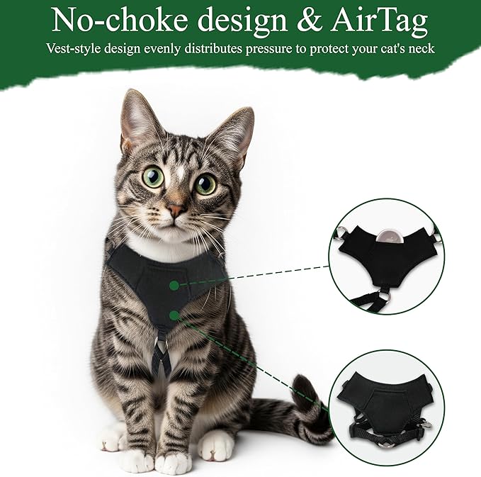 A1HC Escape Proof Cat Harness and Leash - Soft Adjustable Vest, Comfortable Mesh and Long Strips with Air Tag Pocket, Easy Control, Safe Walking Harness for Cats & Kittens - Black (Small)